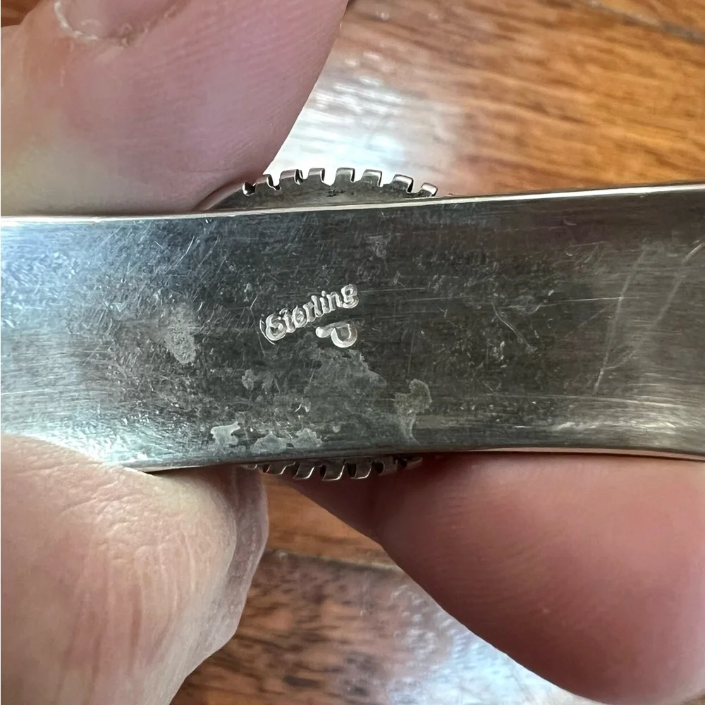 Sterling Silver & Turquoise Cabochon Overlay Cuff Bracelet - Picture 6 of 16